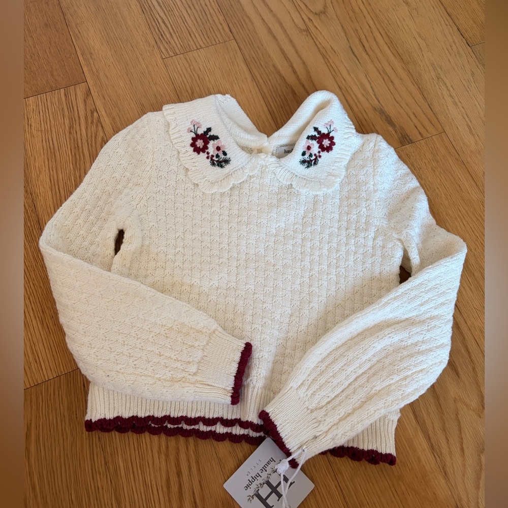 Haute Hippie Cream Knit Sweater with Embroidered Floral Collar